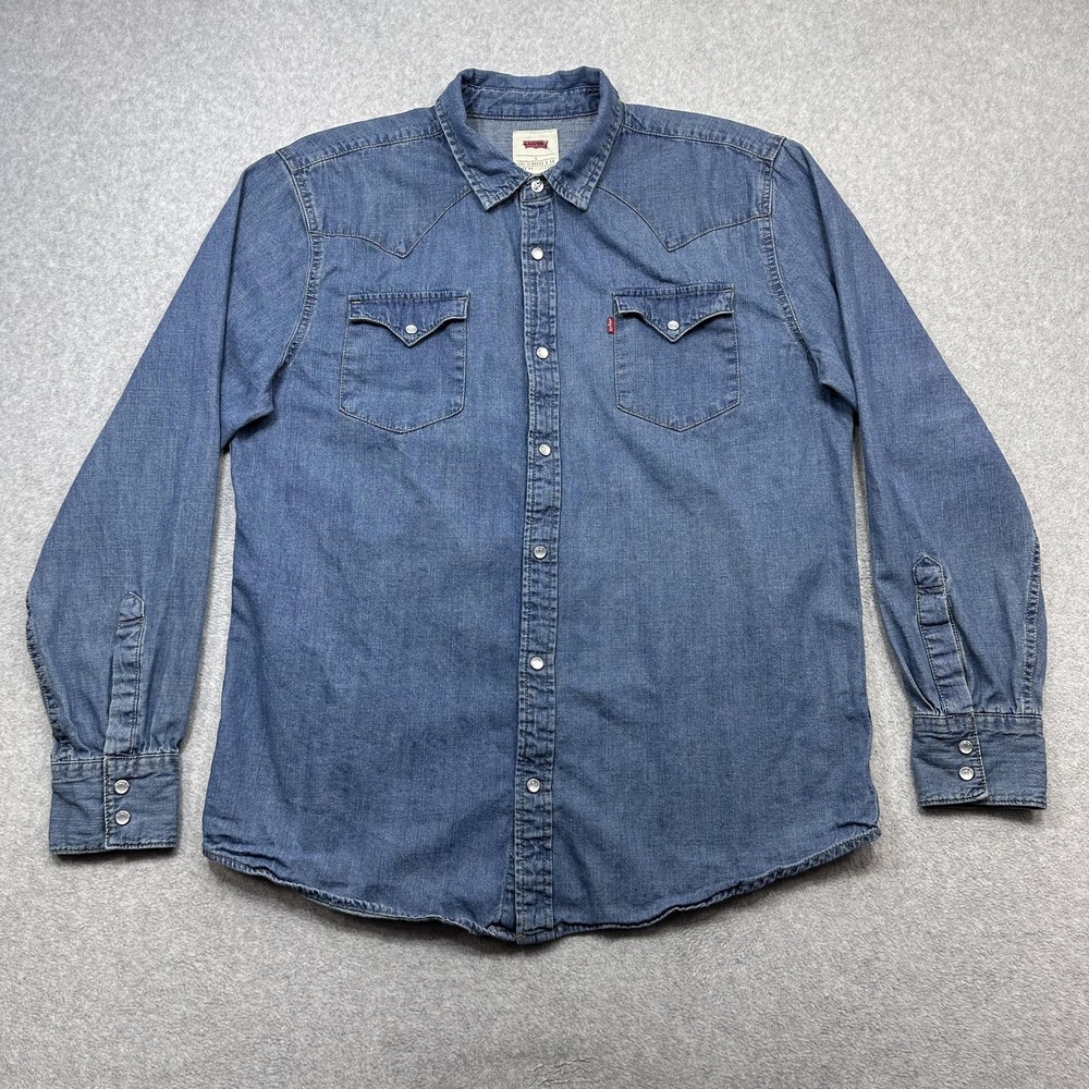 Levis Denim Shirt Mens Large Blue Long Sleeve Pearl Snap Western Outdoor Casual